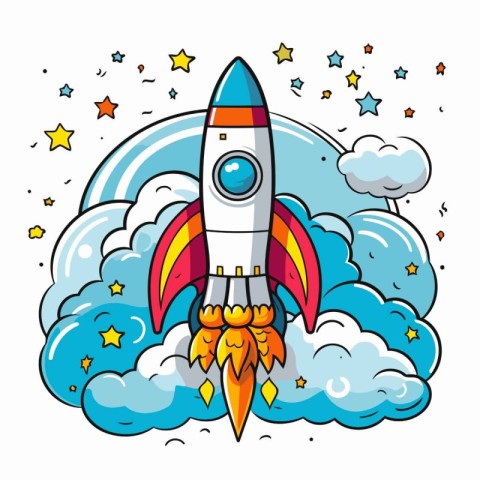 Space rocket in the sky with stars and clouds. Vector illustrati