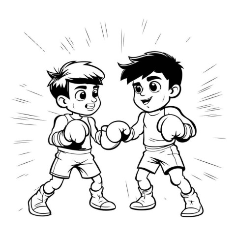 Two boys boxing - black and white vector illustration for colori