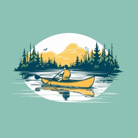 Kayaking on the lake at sunset. Vector illustration in retro sty