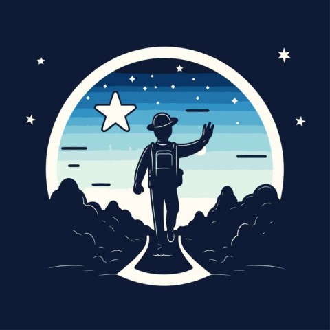 Astronaut with star in the night sky. Vector illustration.