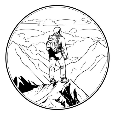 Hiker on the top of the mountain. Black and white vector illustr