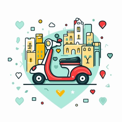 Vector illustration of a scooter on the background of the heart.