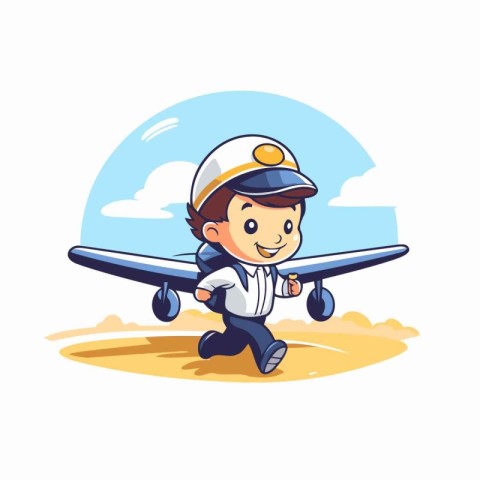 Cute little boy pilot with airplane. Cartoon character vector Il