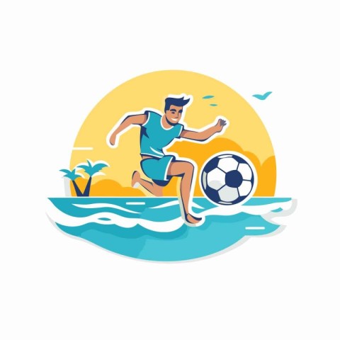 Soccer player with ball on the beach. Vector illustration in fla