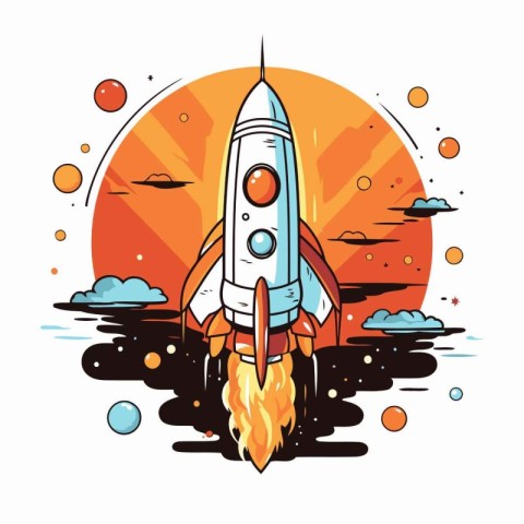 Space rocket launch. Vector illustration in line art style on wh