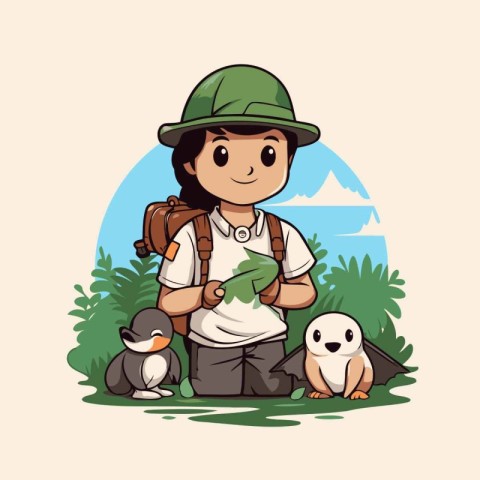 Illustration of a boy scout with his group of penguins.