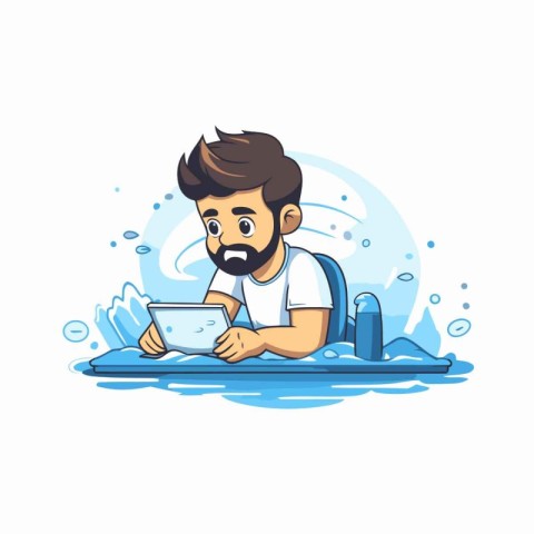 Man surfing on the sea with a tablet computer. Vector illustrati