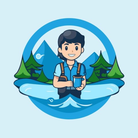 Cute man with coffee cup in the mountains. Vector illustration.