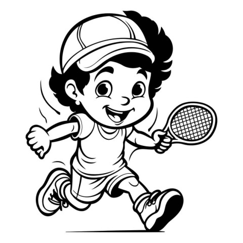 Little Boy Tennis Player - Black and White Cartoon Illustration.