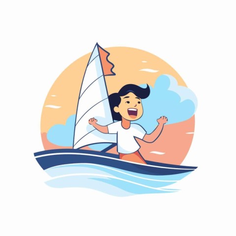 Boy windsurfing. Vector illustration in flat cartoon style on wh