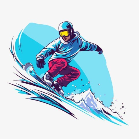 Snowboarder jumping on snowboard. Vector illustration in retro s