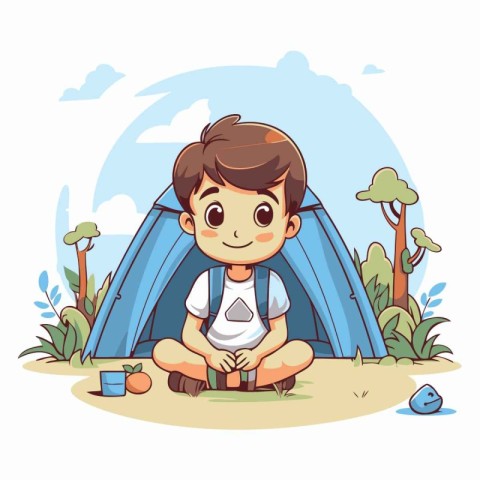 Boy sitting in front of a tent. Vector illustration in cartoon s