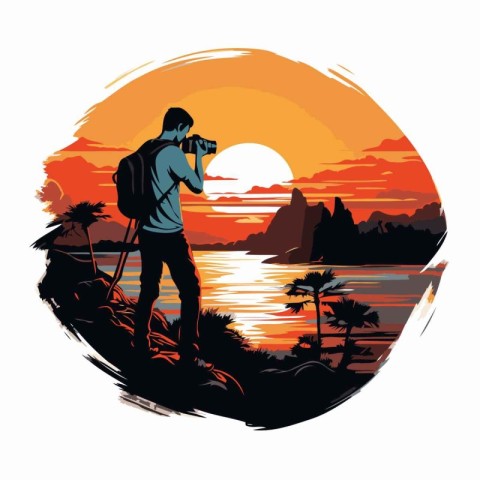 Photographer with camera on the beach at sunset. Vector illustra