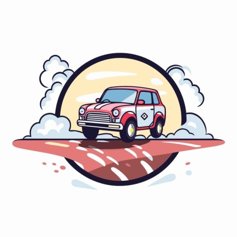 Vector illustration of retro car on the road. Flat design style.