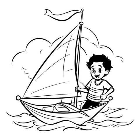 Boy sailing on a sailboat. black and white vector illustration.