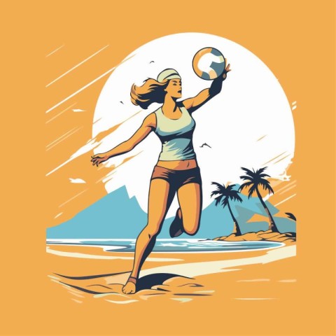 Woman playing volleyball on the beach. Vector illustration in re