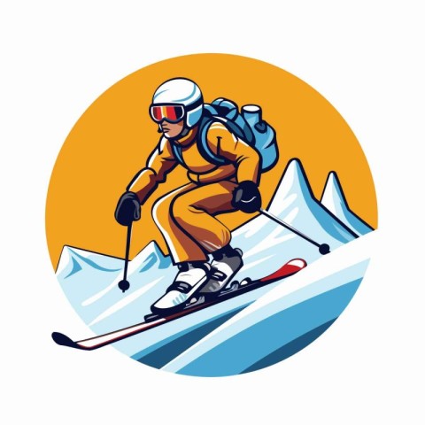 Skiing man in helmet and goggles on skis. Vector illustration.