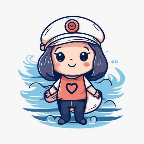 Cute cartoon sailor girl in the sea. Vector illustration of a cu