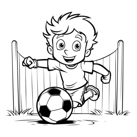 Boy Playing Soccer - Black and White Vector Cartoon Illustration