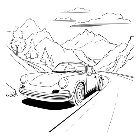 Vintage car on the road in the mountains. Vector illustration.