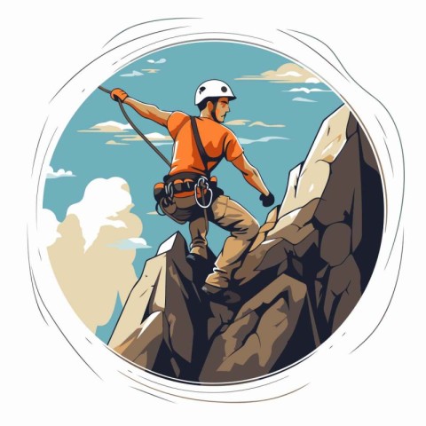 Hiker on the top of the mountain. Cartoon vector illustration.