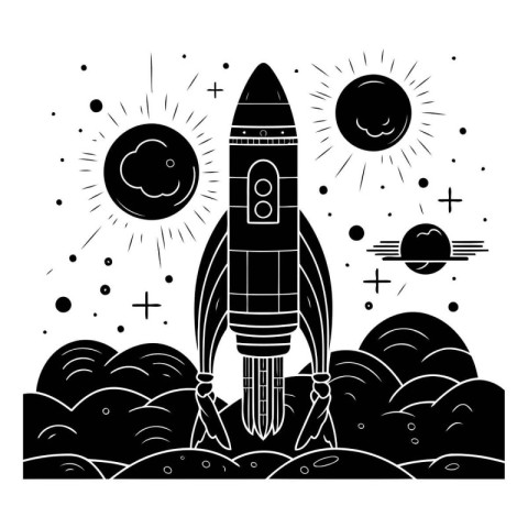 Space rocket in black and white vector illustration for coloring