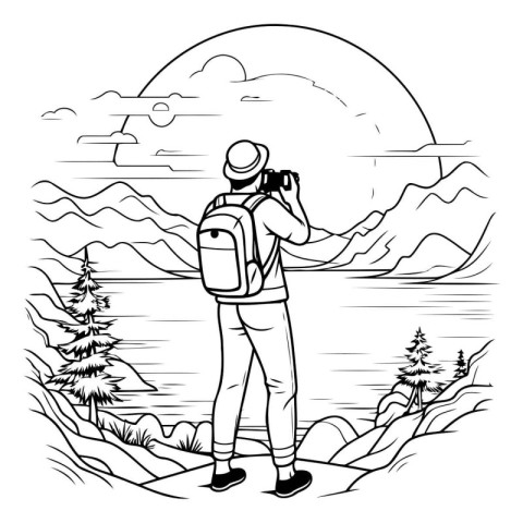 Tourist man with camera taking picture on lake landscape. Vector