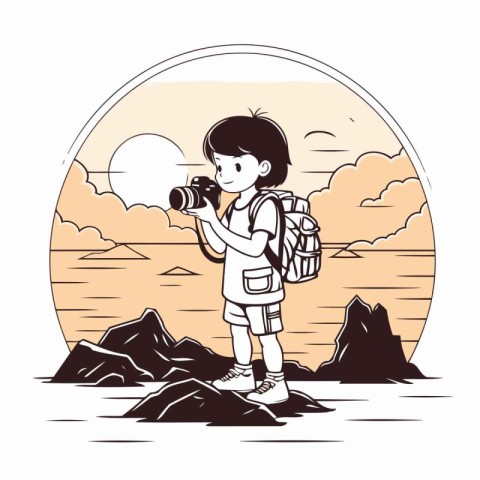 Boy with backpack and binoculars. Vector illustration in flat st