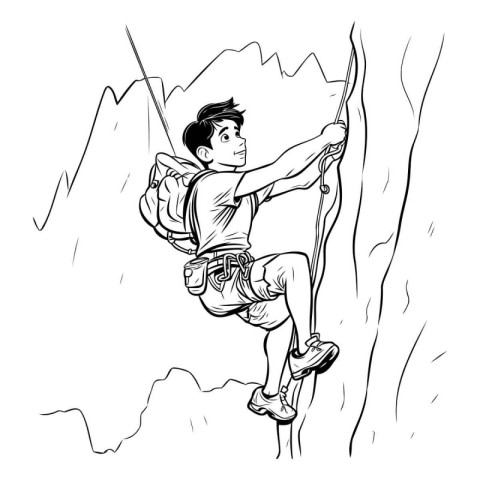 Hand drawing of a young man climbing a cliff. Vector illustratio