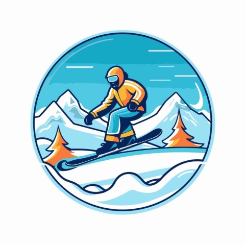 Snowboarder on a mountain slope. Vector illustration in retro st