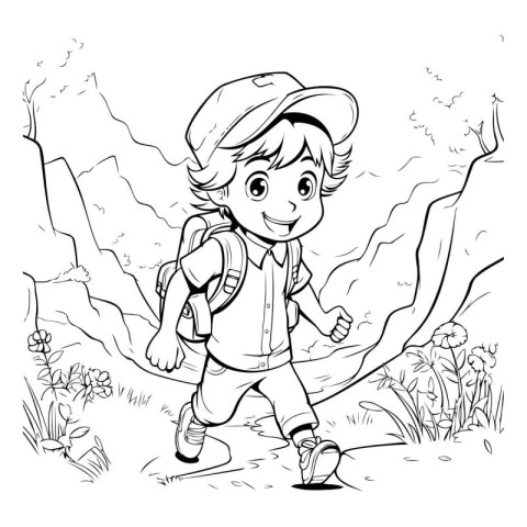 Illustration of a Cute Little Boy Hiking in the Nature