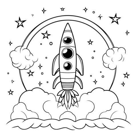 Space rocket flying in the night sky. black and white vector ill