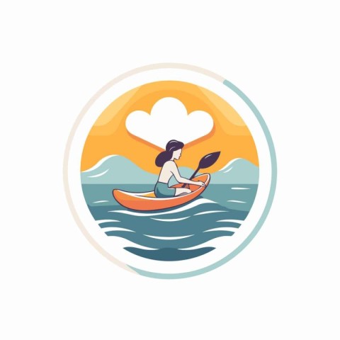 Woman in a kayak on the river. Flat style vector illustration.