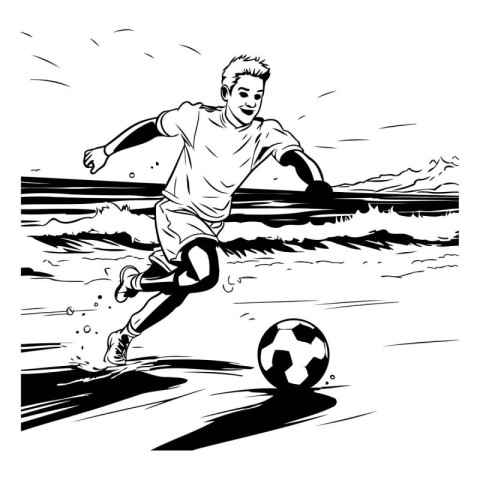 Soccer player kicking the ball. Black and white vector illustrat