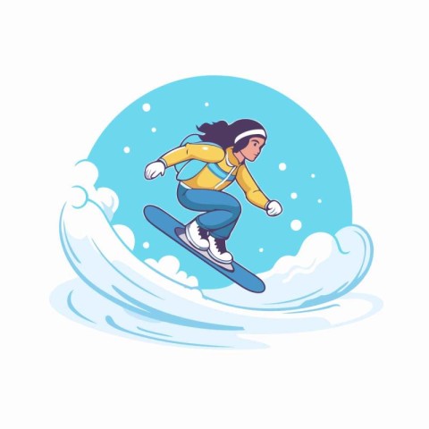 Girl snowboarder riding down the wave. Cartoon vector illustrati