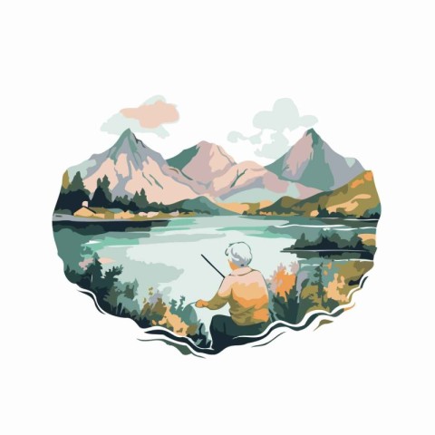 Fisherman in the mountains. Vector illustration on white backgro