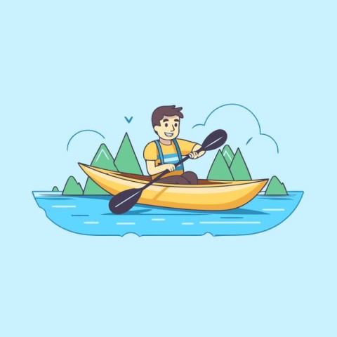 Man in a kayak on the river. Flat design vector illustration.