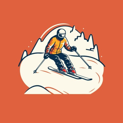 Skier skiing in the mountains. Vector illustration. Design eleme