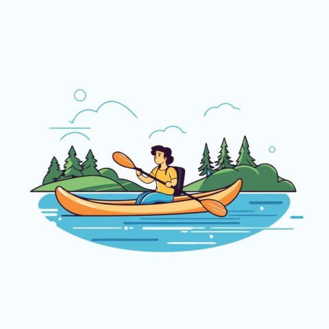 Man kayaking on the river. Vector illustration in flat style.