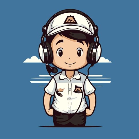 Cute boy pilot with helmet and headphones. Vector cartoon illust