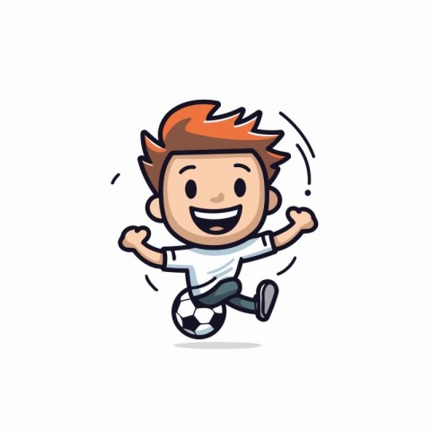 Cheerful boy kicking soccer ball cartoon character vector illust