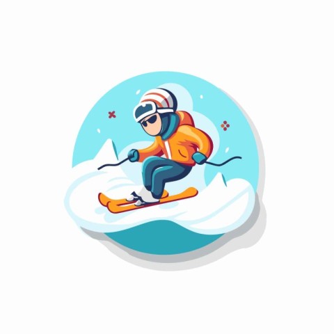 Snowboarder in helmet and goggles riding a snowboard. Vector ico