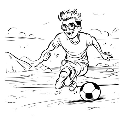 Soccer player kicking the ball. black and white vector illustrat