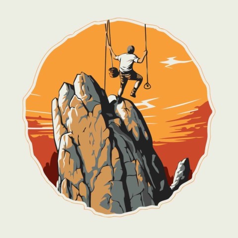 Man climbing on a mountain at sunset. Vector illustration in ret