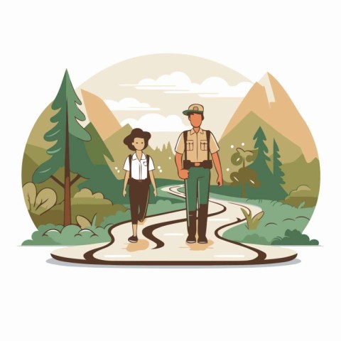 Tourist couple with backpack and hat in the park vector illustra