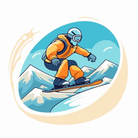 Snowboarder in helmet riding on snowboard. Vector illustration.