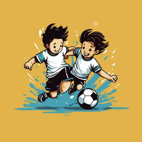 Two boys playing soccer. Vector illustration of two boys playing