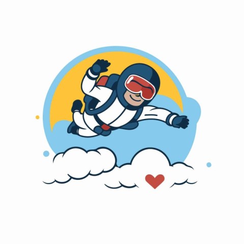 Vector illustration of skier flying on the clouds with heart in