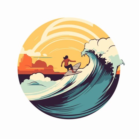 Surfer on the wave at sunset. Vector illustration in retro style