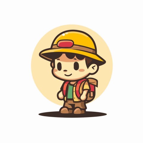 Cute boy wearing safari hat and backpack. Vector illustration.